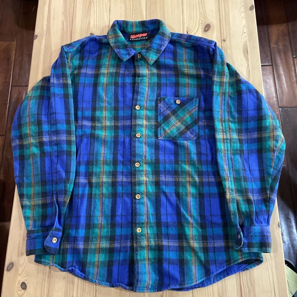Kemper Snowboards Long Sleeve Flannel Shirt Plaid Men's Large XL? Missing Button